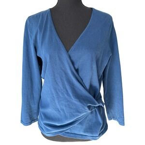 Ann Taylor Wrap Knit Top Womens M Blue Work Professional Capsule Classic